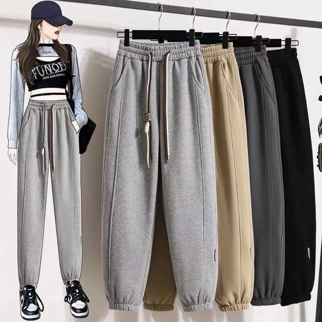 2024加绒加厚卫裤女窄版高腰显瘦潮流小个子裤子运动裤休闲束脚裤