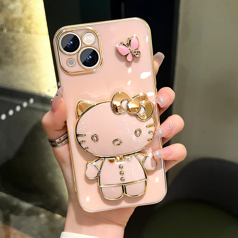 适用苹果/华为/vivo/oppo手机壳蝴蝶猫咪补妆镜支架防摔保护套