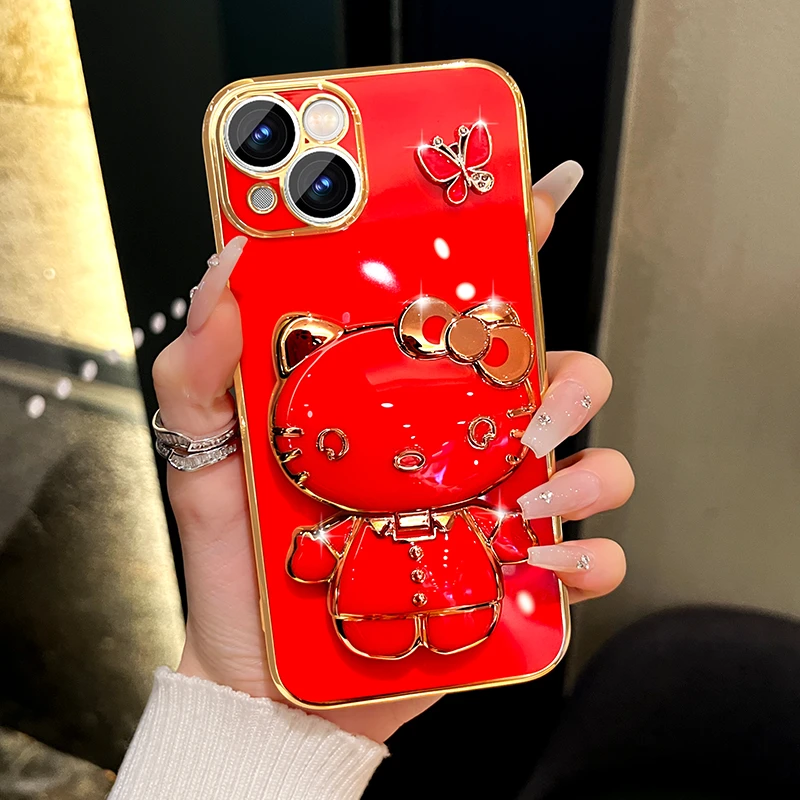 适用苹果13手机壳iPhone13蝴蝶猫咪补妆镜支架防摔保护套网红女款