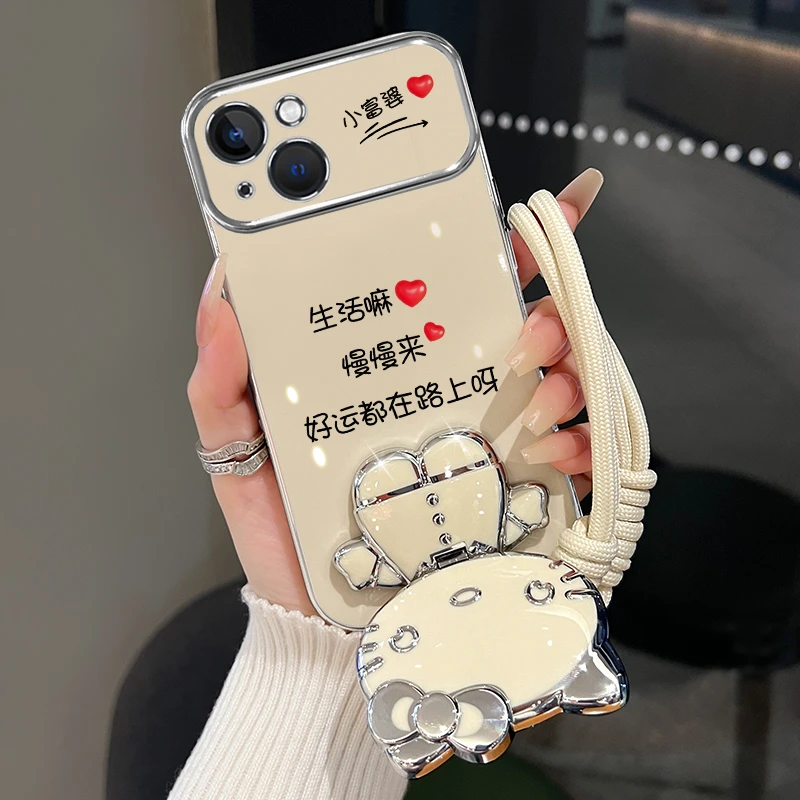 适用苹果15手机壳好运在路上可爱猫咪补妆镜支架防摔创意网红女款
