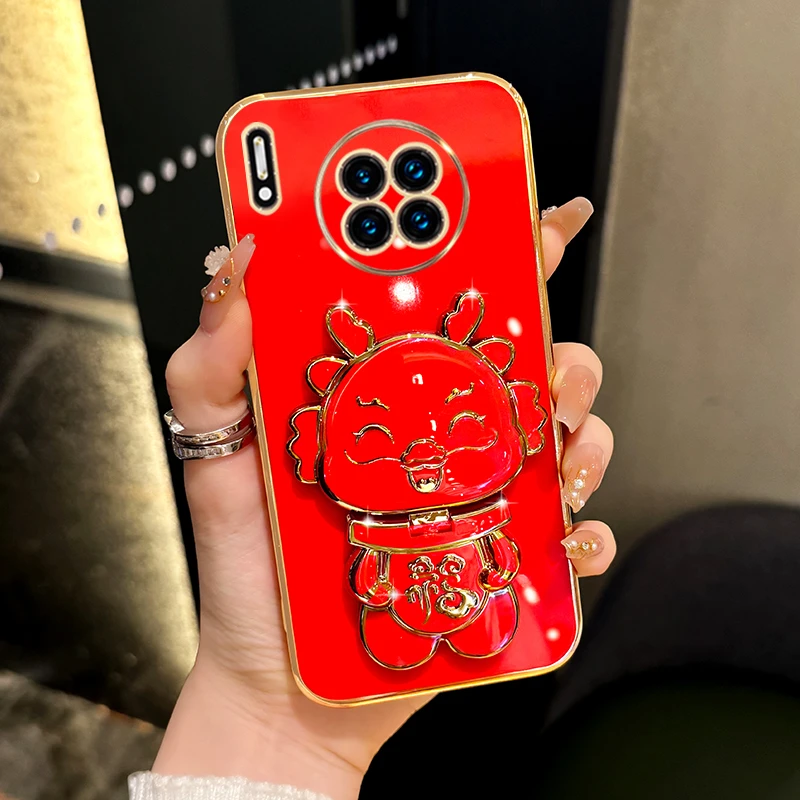 适用华为mate30新年手机壳小福龙补妆镜支架保护套防摔中国风女款