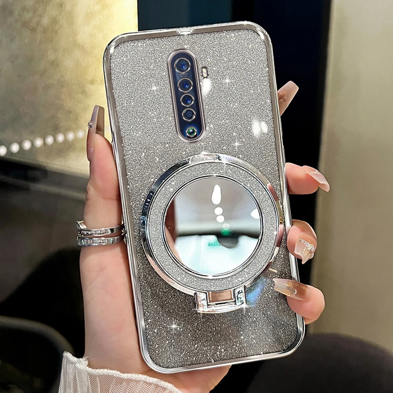 适用oppoReno2手机壳新款闪粉补妆镜支架透明防摔保护套网红女款