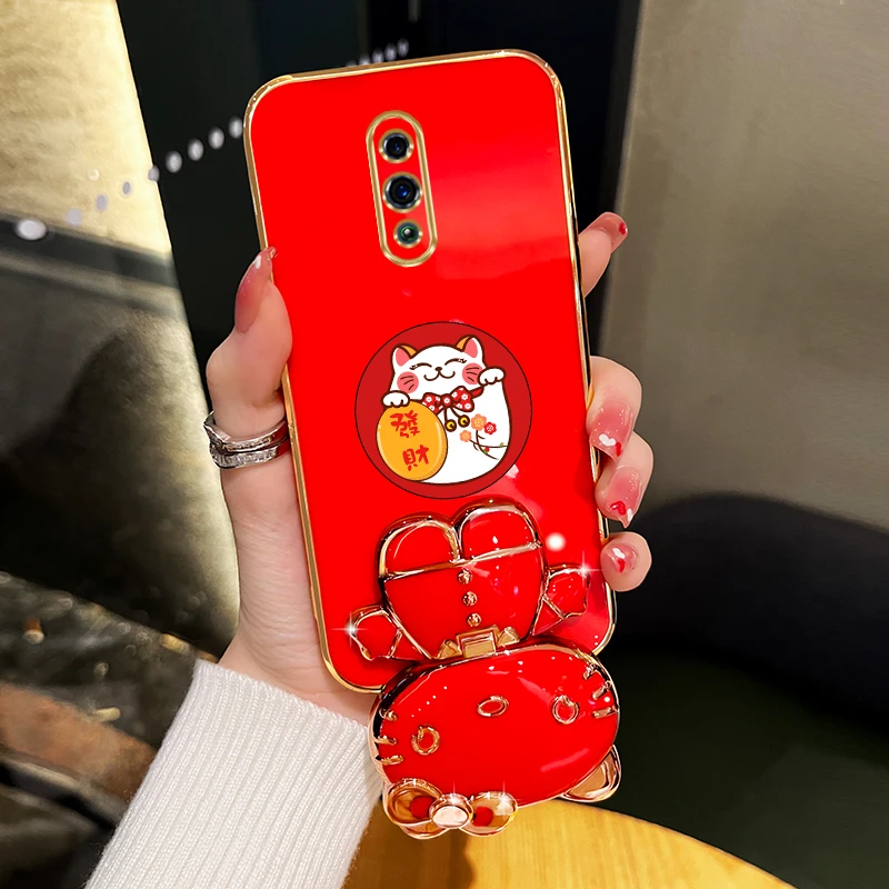 适用oppoReno新年手机壳发财可爱猫咪补妆镜支架防摔保护套女款