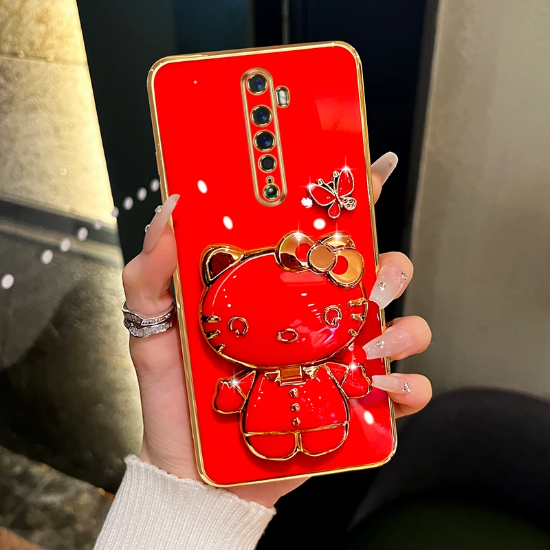适用oppoReno2手机壳蝴蝶可爱猫咪补妆镜支架防摔保护套电镀壳