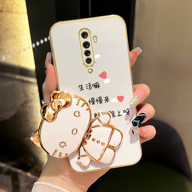 适用oppoReno2手机壳好运都在路上猫咪补妆镜支架全包防摔保护套