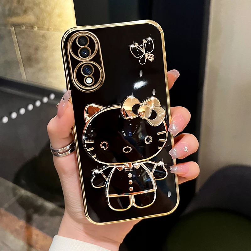 适用荣耀80/80pro手机壳新款可爱猫咪补妆镜支架防摔保护套女款
