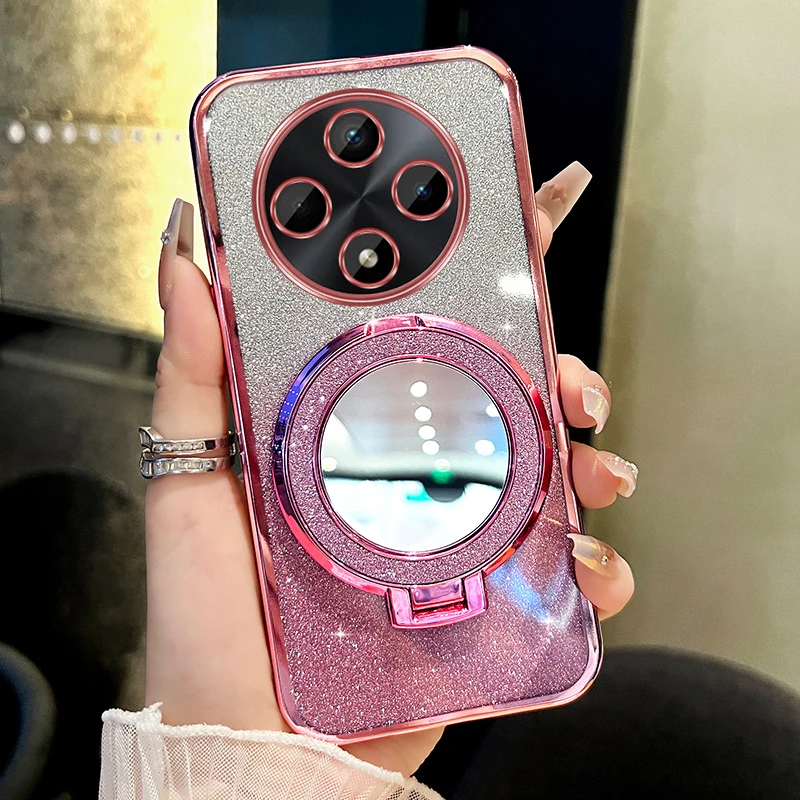 适用oppoA3pro手机壳新款闪粉补妆镜支架防摔透明保护套网红女款