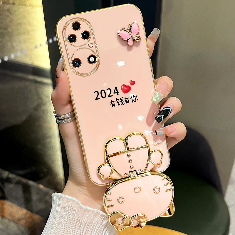 适用华为p50pro手机壳2024有钱有你猫咪补妆镜支架创意网红爆款
