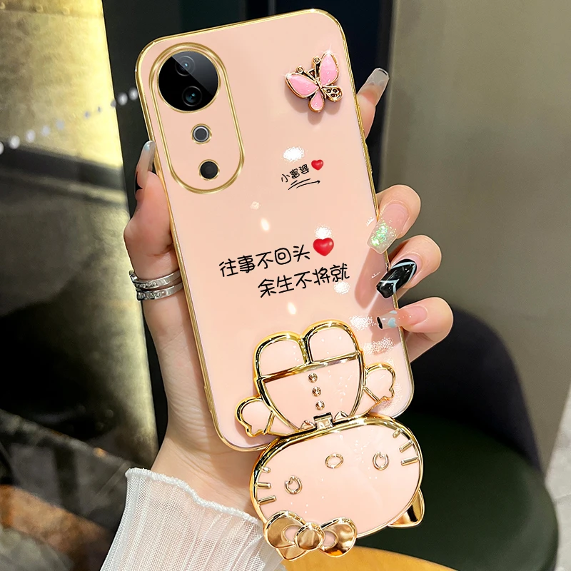 适用vivos19/s19pro手机壳往事不回头猫咪补妆镜支架防摔手链女款