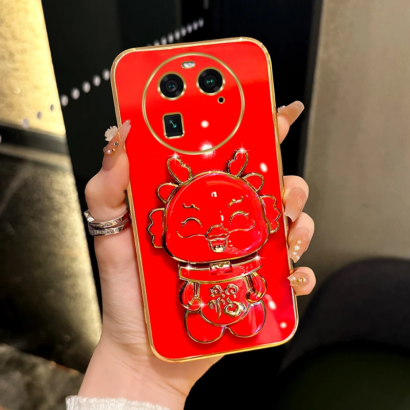 适用oppofindx6/x6pro新年手机壳小福龙补妆镜支架保护套防摔女款