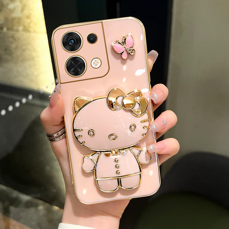 适用oppoReno8/8pro手机壳新款蝴蝶可爱猫咪补妆镜支架防摔套女款