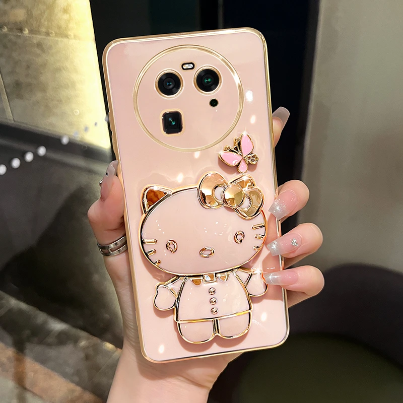适用oppofindx6/x6pro手机壳蝴蝶可爱猫咪补妆镜支架防摔保护套