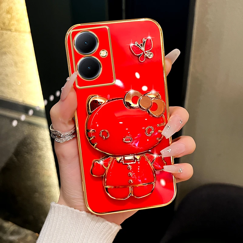 适用vivoy78/y78+手机壳新款可爱猫咪补妆镜支架防摔保护套女款