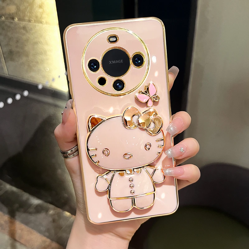 适用华为mate60/60pro手机壳蝴蝶可爱猫咪补妆镜支架防摔保护套