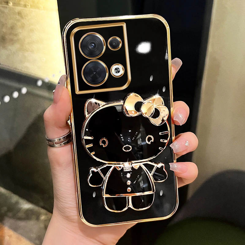 适用oppoReno8/Reno8pro手机壳可爱猫咪补妆镜支架防摔网红女款