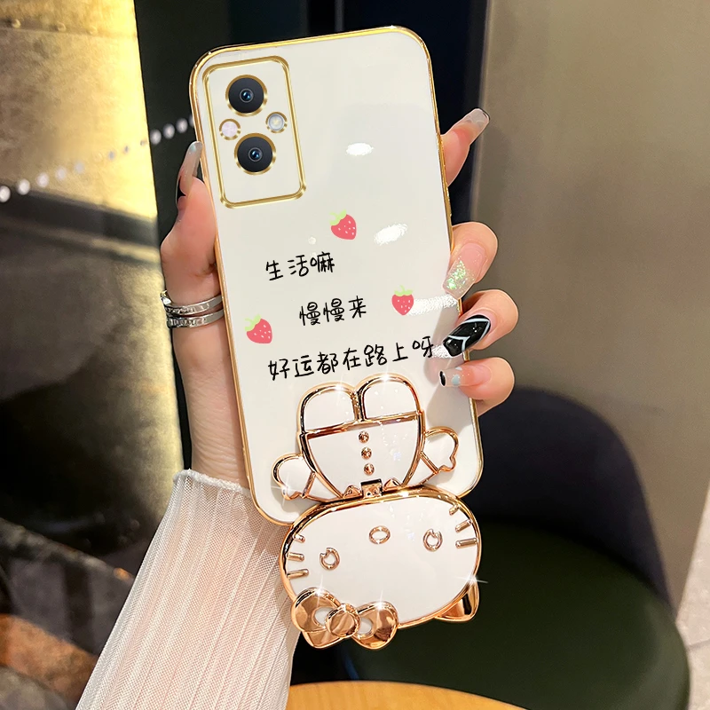 适用oppoA96手机壳好运都在路上猫咪补妆镜支架保护防摔网红女款