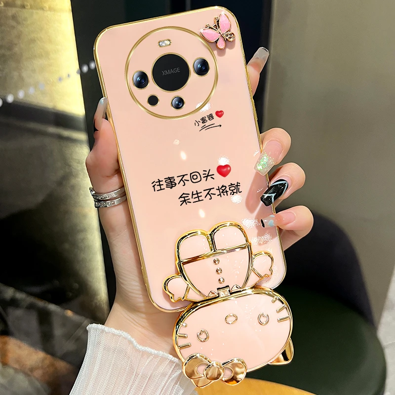 适用华为mate60pro手机壳往事不回头猫咪补妆镜支架防摔手链女款