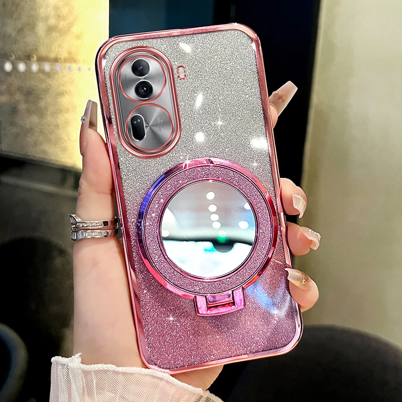 适用oppoReno11/11pro手机壳新款闪粉补妆镜支架防摔透明网红女款