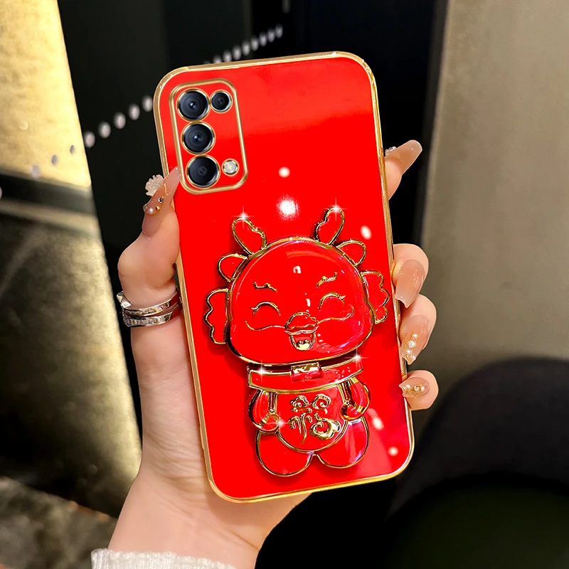 适用oppoReno4/4pro新年手机壳小福龙补妆镜支架保护套中国风女款