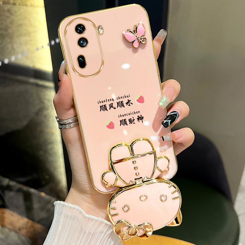 适用oppoReno11/11pro手机壳新款顺风顺水猫咪补妆镜支架防摔女款