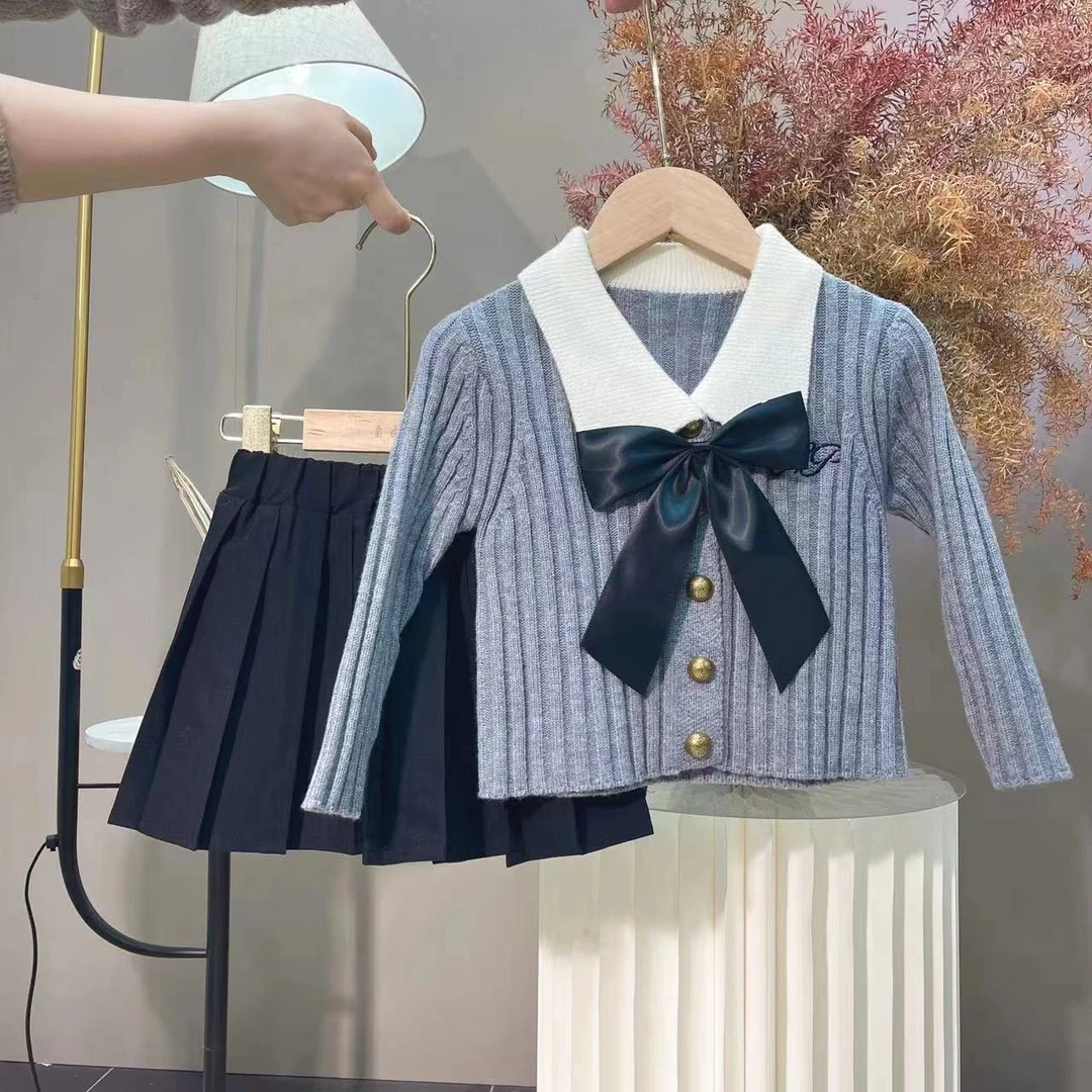 SD2025女童套装韩版春款洋气针织毛衣洋气百褶裙百搭套装8047