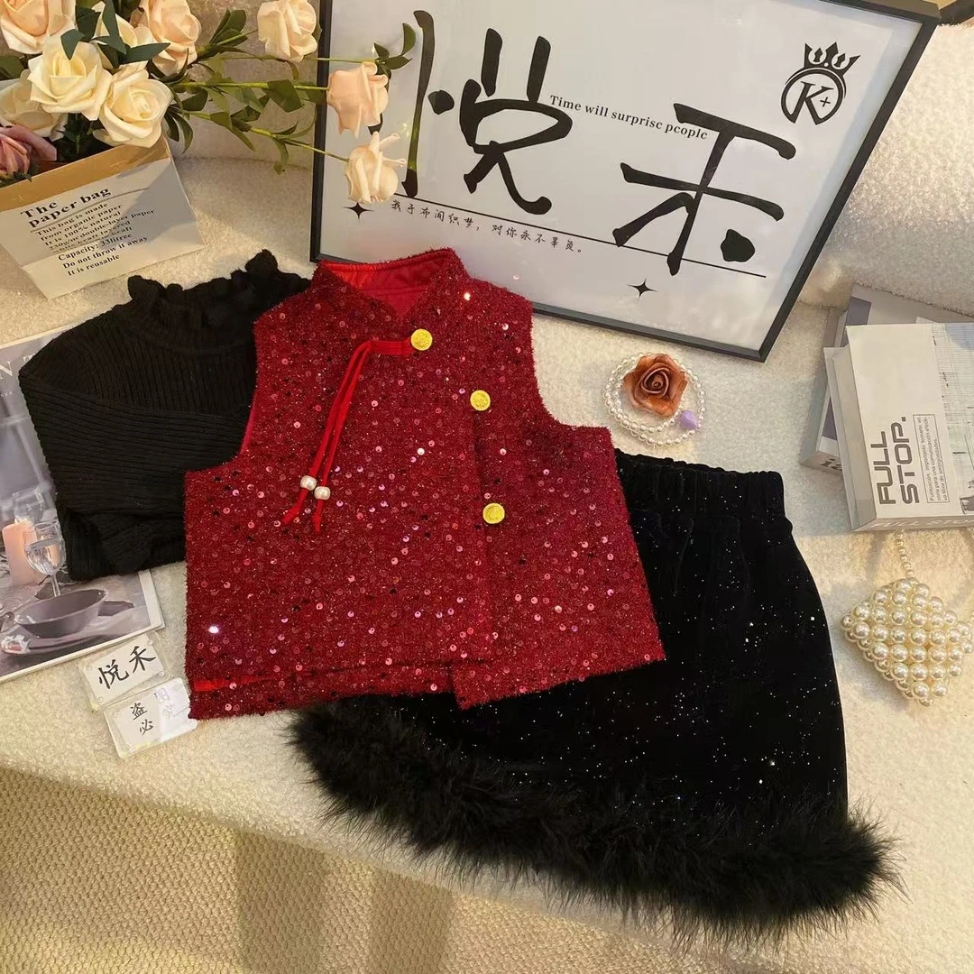 SD萌娃冬装亮眼红喜庆加厚暖冬国风百搭拜年服马甲加绒裙6415