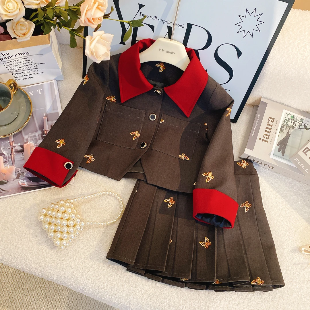 SD女童套装设计感刺绣蝴蝶气质西装外套+百褶半身裙两件套7305