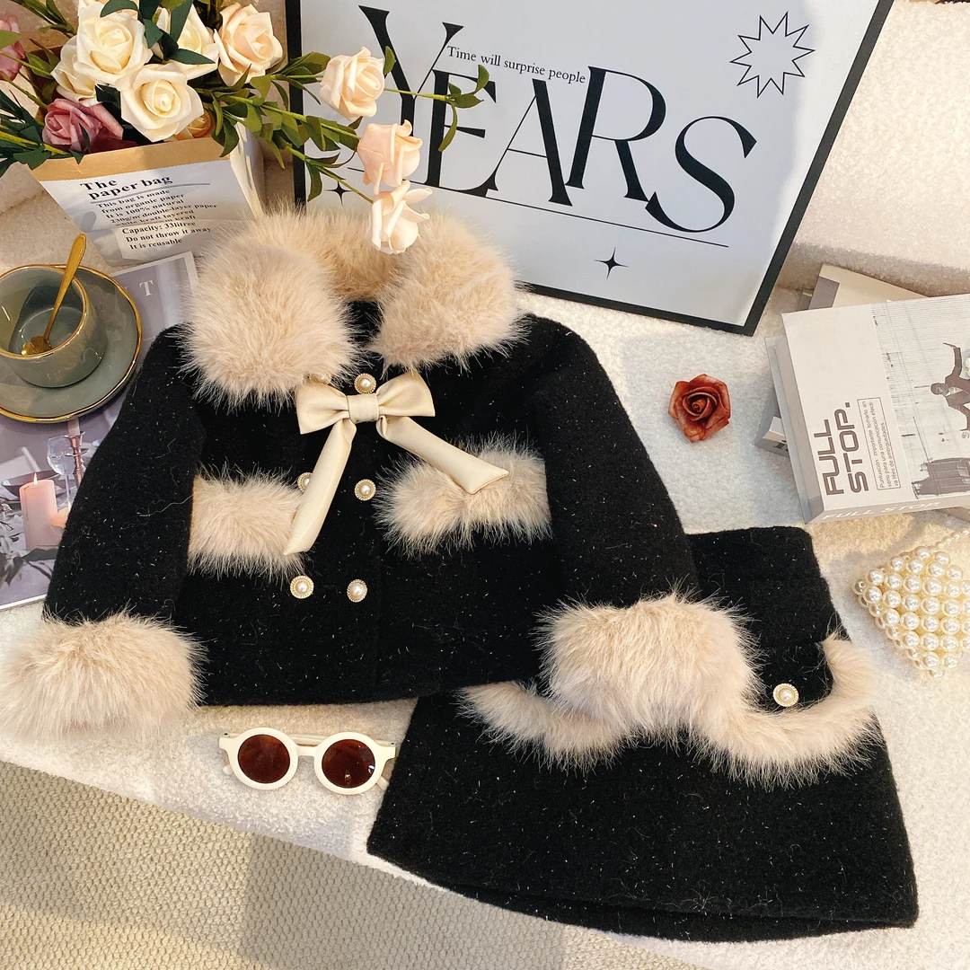 SD女宝宝时尚加绒保暖外套短裙2024冬装新款女童小香风套装6222