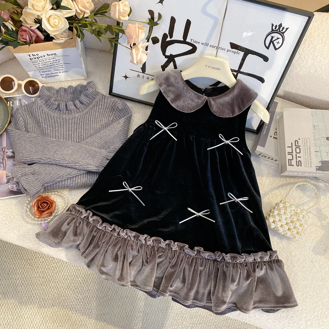 SD女童2024新款冬季加绒背心裙女童加厚洋气连衣裙套装6264