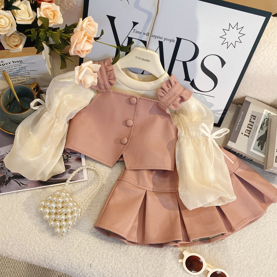 SD女童2025春季新款韩系pu皮背心百褶裙时尚好看百搭粉色套装7325