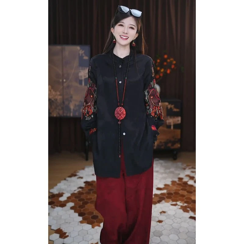 高级感重工提花刺绣纯色衬衫女欧洲站2025春秋新款百搭单排扣衬衣