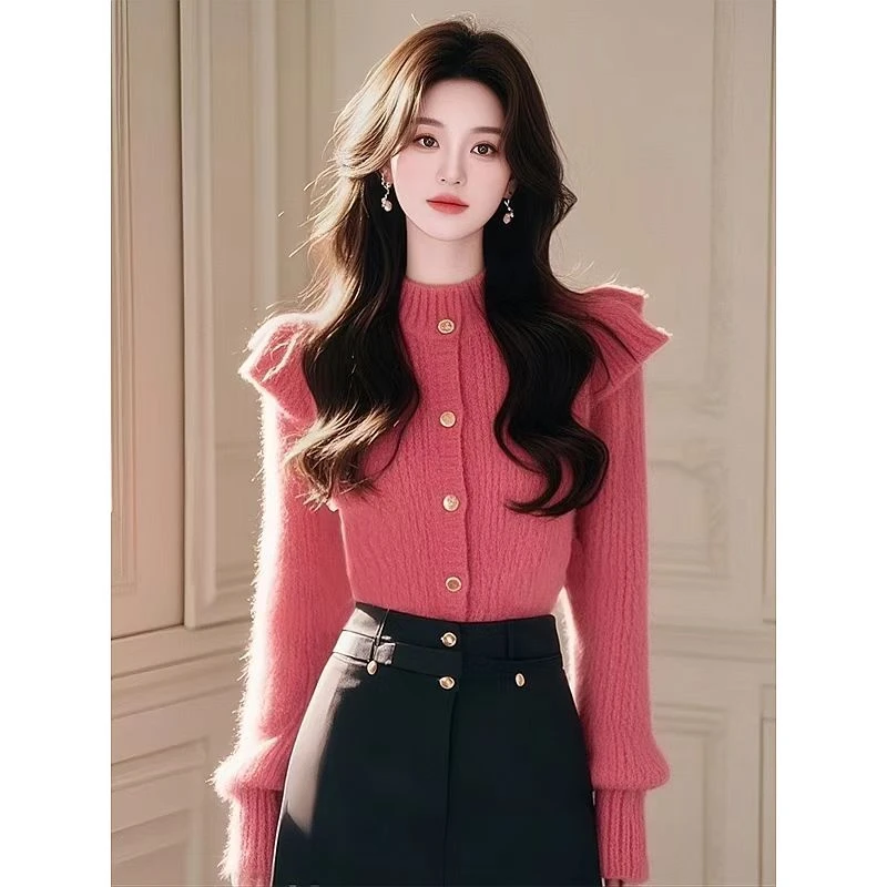 高级感玫粉色木耳边秋冬多巴胺穿搭独特漂亮修身上衣针织毛衣女装
