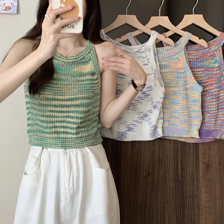 夏季百搭法式别致辣妹性感彩虹条纹针织小吊带背心夏天设计感上衣