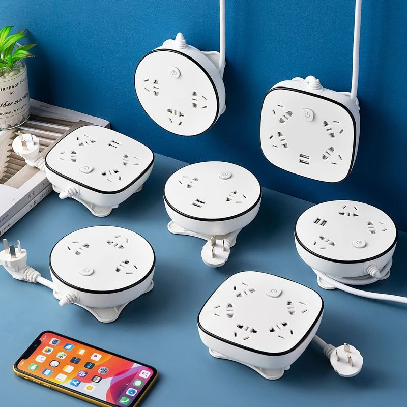 公正品牛可收纳插座USB插板多孔家用办公带长线托接线板一转多插