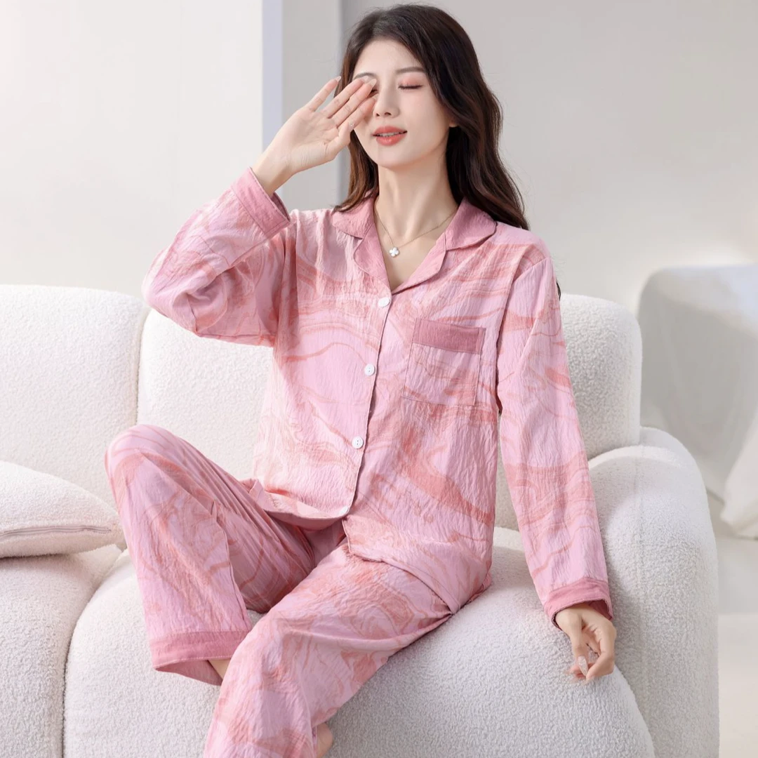 （国风长袖长裤抗皱面料）舒适套装春秋国风休闲女士睡衣家居服