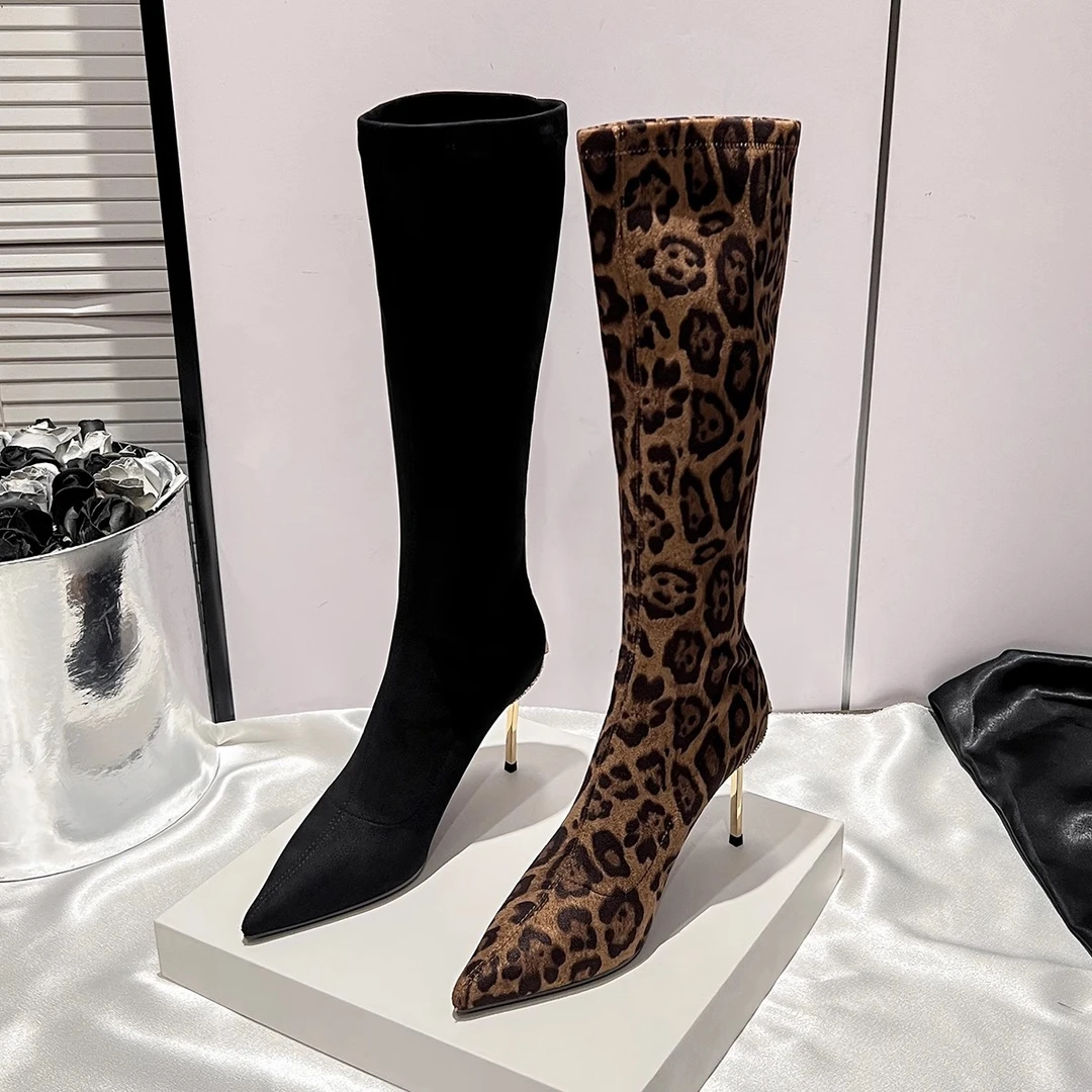 长靴女细跟尖头水钻豹纹黑色长筒弹力靴弹力长靴瘦瘦靴6616-1