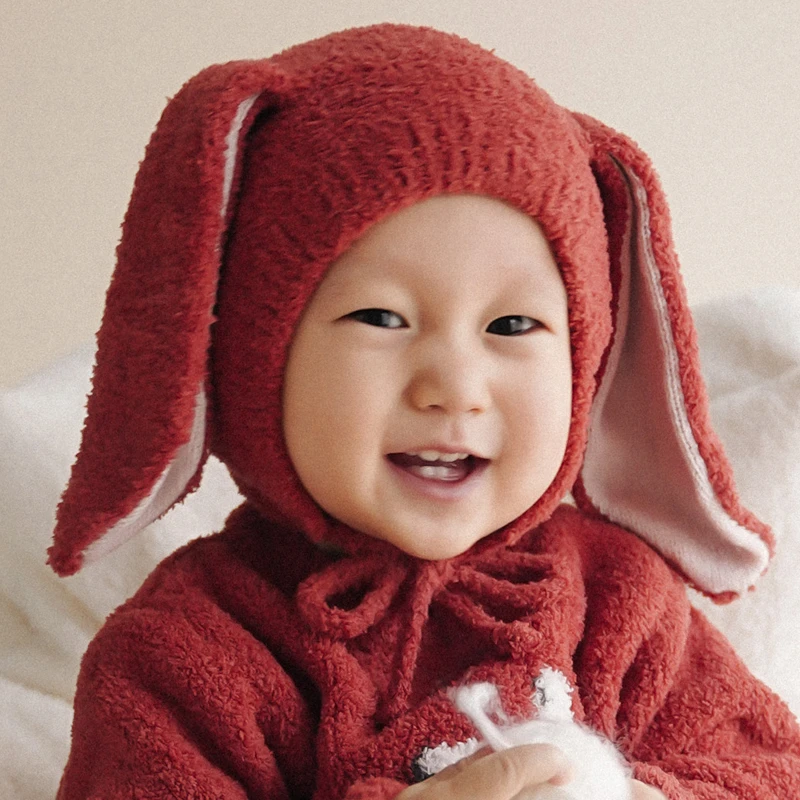 Oak family新生婴儿帽子秋冬季男女宝宝兔耳胎帽婴幼儿保暖帽儿童