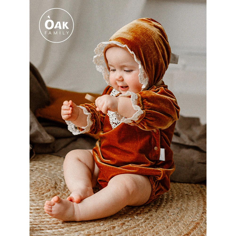 Oak family婴儿衣服宝宝春冬季红色丝绒包屁衣满月百天连体衣洋气
