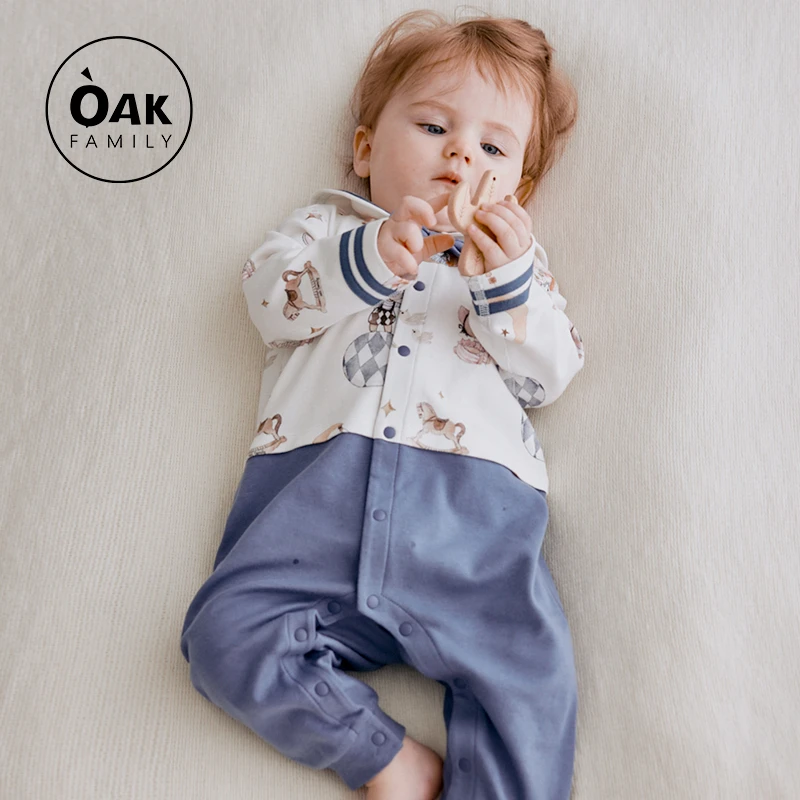 Oak family婴儿连体衣长袖纯棉海军风满月男女宝宝爬服