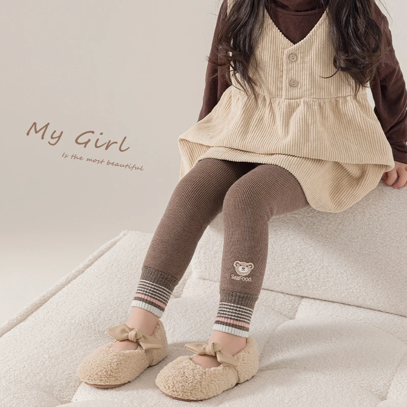 秋冬加绒加厚款儿童小熊刺绣时尚9分洋气百搭款宝宝袜儿童连裤袜