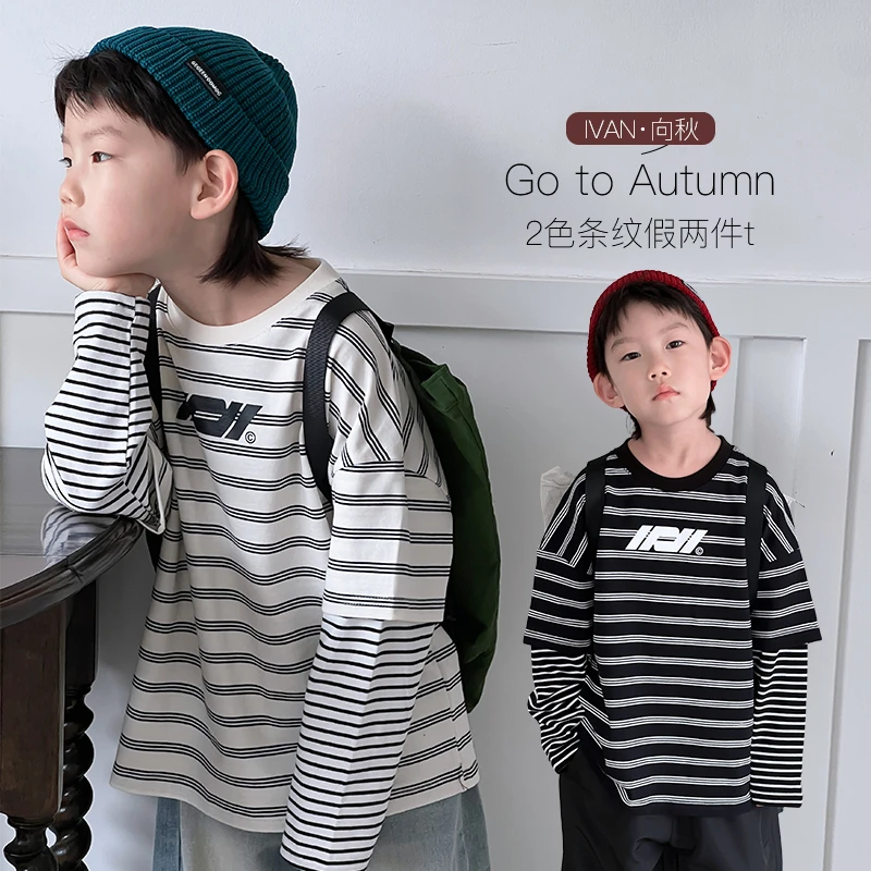 【2024现货秋装】男童假两件条纹长袖T恤 ivan家童装 杨 DZ4293