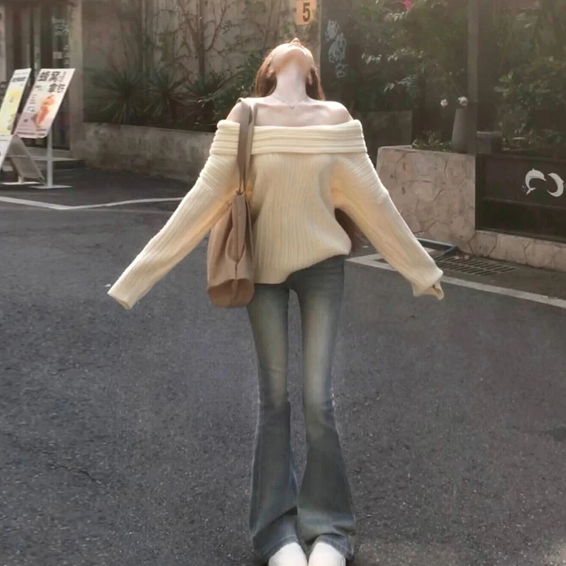 YM6190春秋显瘦一字肩毛衣女百搭时尚高级感上衣韩版日常通勤女装