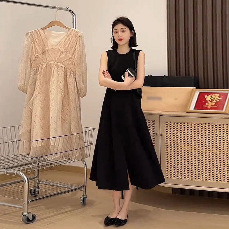 YM0815法式黑色显瘦无袖背心连衣裙女夏季新款小个子长裙小众设计