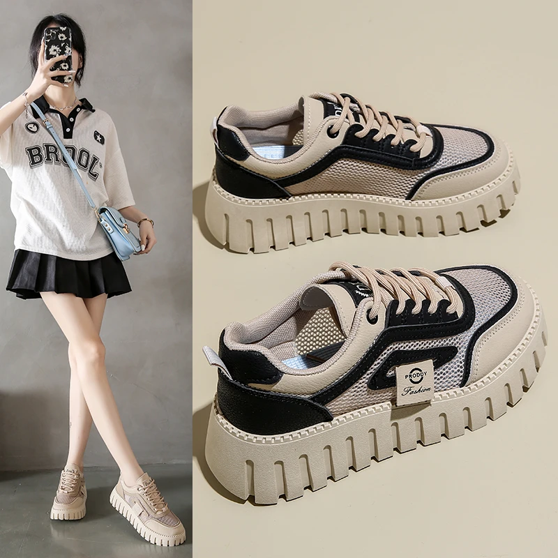 夏季网鞋女2024年新款韩版百搭厚底运动休闲鞋网面透气小白鞋