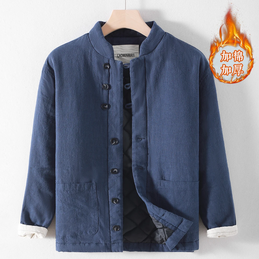 冬季男士中式棉衣休闲棉麻保暖加厚盘扣立领中国风国风棉服鹤影