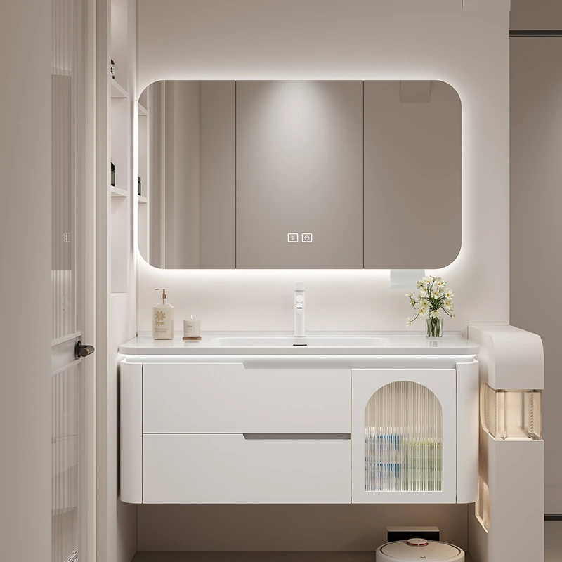 简约橡木烤漆浴室柜组合圆角陶瓷一体盆洗手池洗漱台洗脸台盆柜