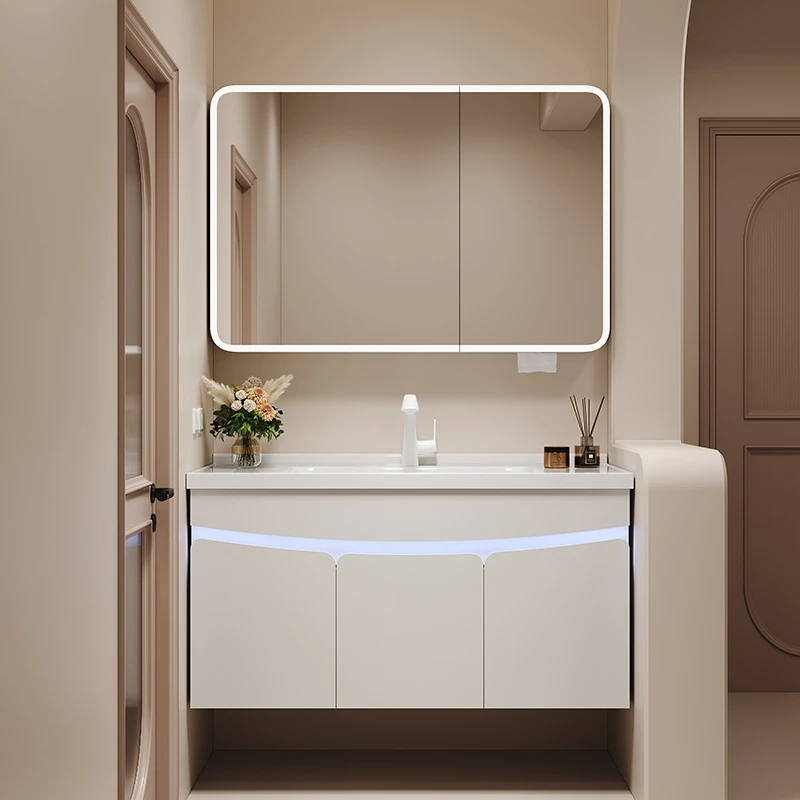 简约奶油风陶瓷一体盆金属浴室柜组合卫生间洗漱台洗脸池奶白色