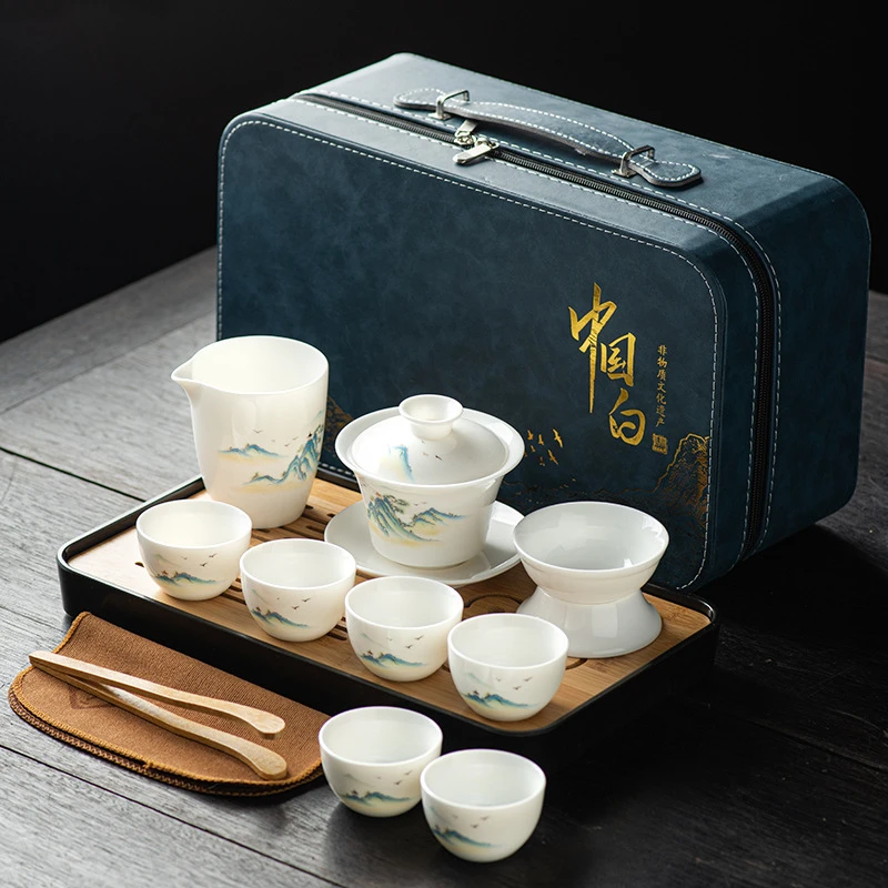 中国白羊脂玉白瓷茶具套装全套功夫茶具盖碗茶杯旅行茶具带茶盘