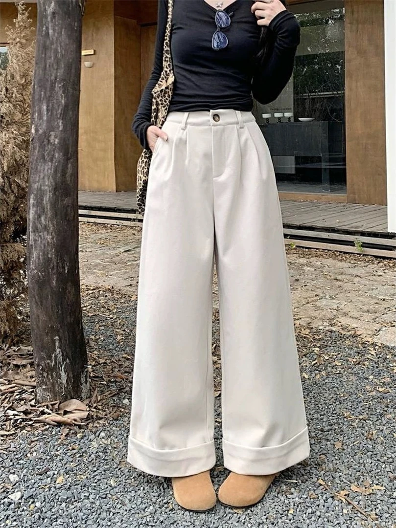 W1822-毛呢卷边休闲裤女高腰显瘦直筒阔腿裤长裤