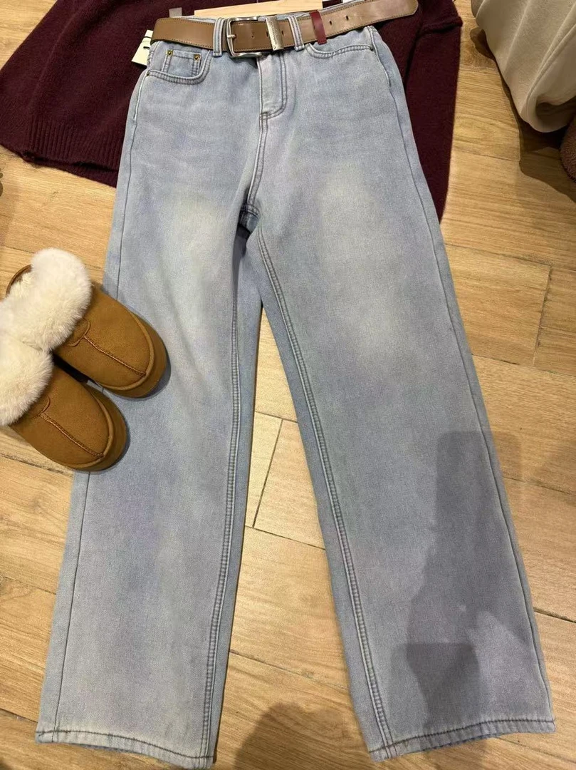 W2470-拼色刺绣加绒加厚直筒牛仔裤女古水洗浅色